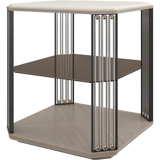 Alloy End Table by Caracole in dry martini. brushed gold, brushed stainless, deep bronze. Made from poplar, stone, koto in a unique style.
