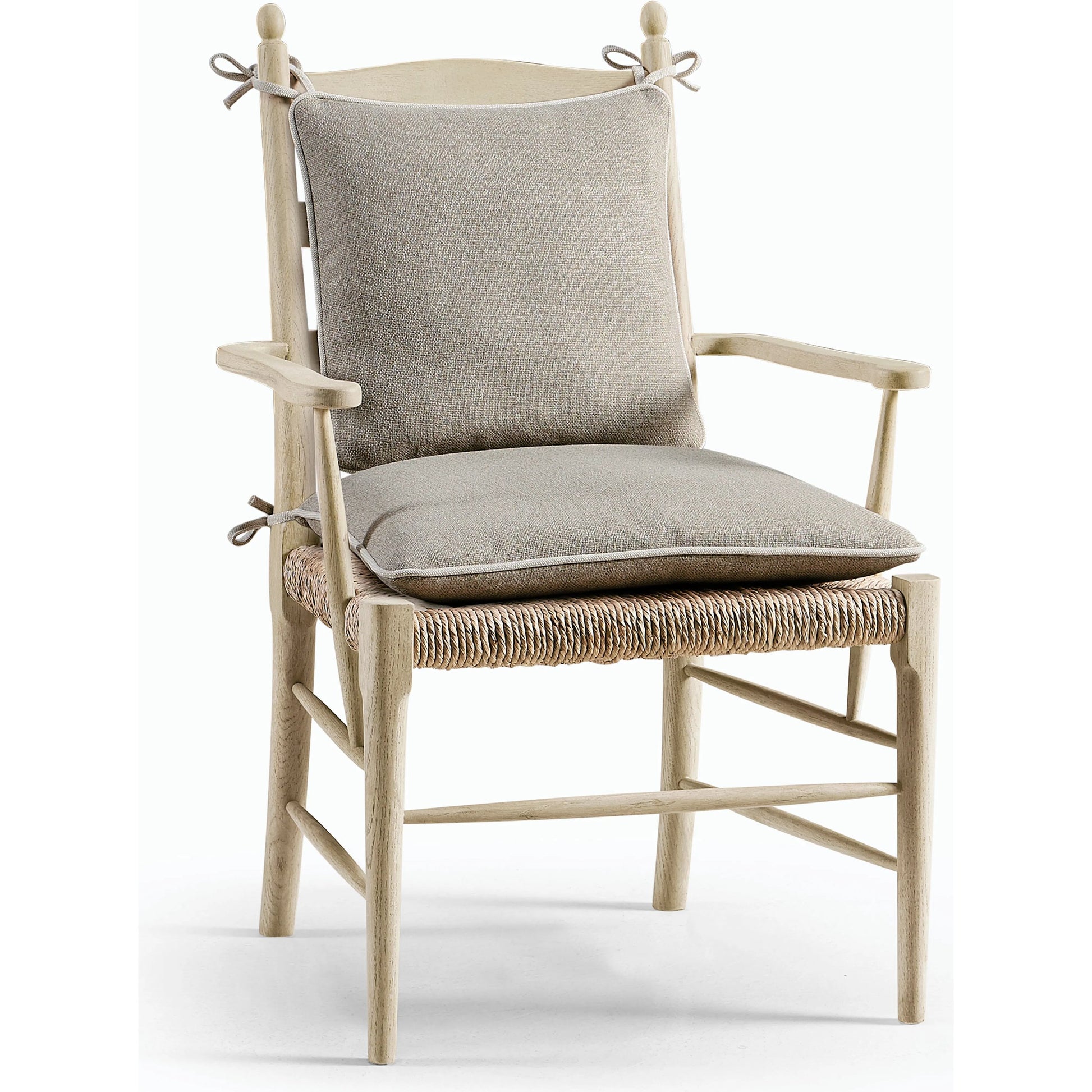 Timeless Doppler Ladderback Arm Chair by Jonathan Charles in stripped brown chestnut. Made from oak, fiber rush, foam, fabric in a coastal style.
