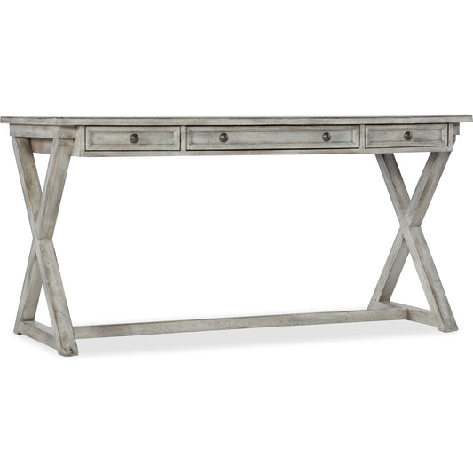 Dixon Writing Desk by Hooker Furniture in light gray. Made from oak veneers with simulated leather in a cottage & farmhouse style.