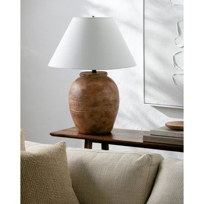 Lirael Accent Table Lamp - 535737 by Surya in translucent, metallic nickel, white, black, brick and glazedhand painted. Made from ceramic, linen, polystyrene, iron in a modern style.