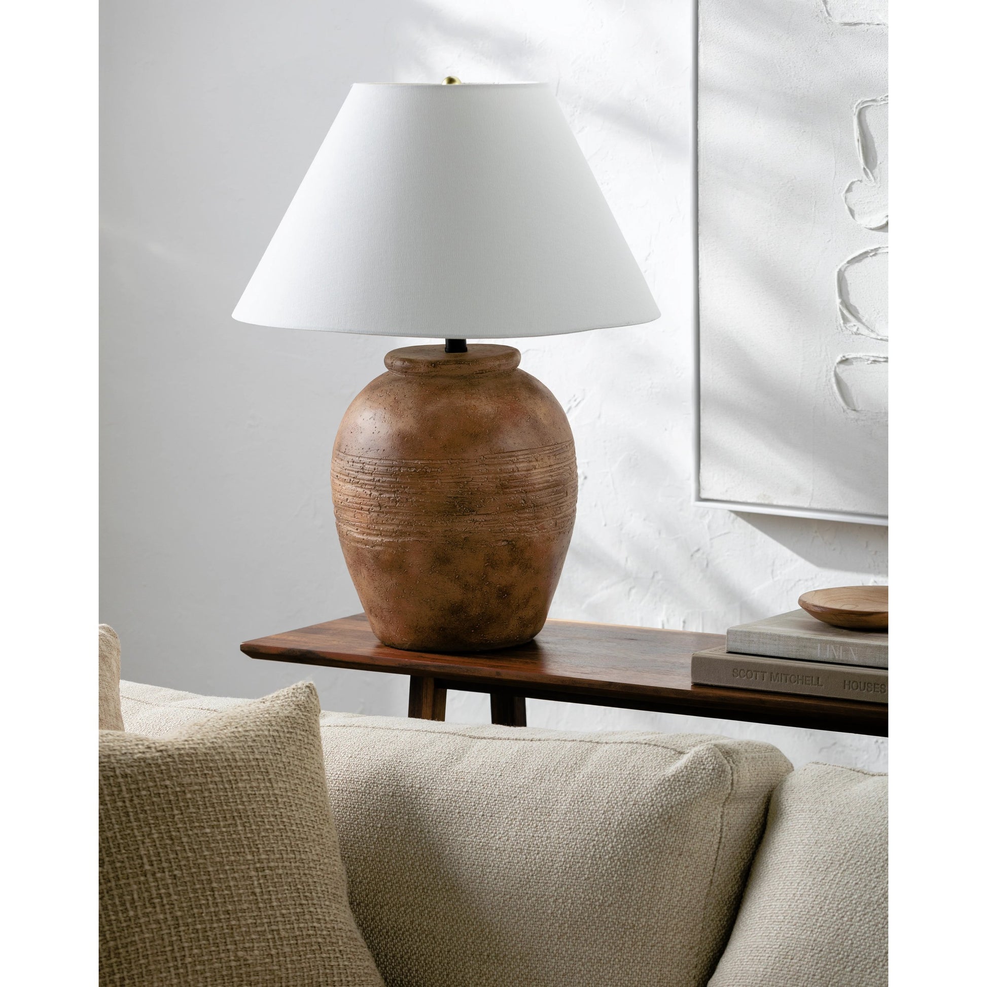 Lirael Accent Table Lamp - 535737 by Surya in body: brick, shade: white, finial: black, harp: metallic - nickel, cord: translucent and glazedhand painted. Made from ceramic, linen, polystyrene, iron in a modern style.