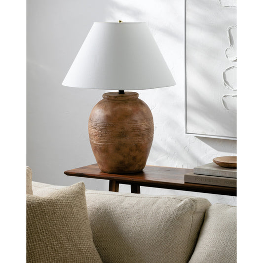 Lirael Accent Table Lamp - 535737 by Surya in body: brick, shade: white, finial: black, harp: metallic - nickel, cord: translucent and glazedhand painted. Made from ceramic, linen, polystyrene, iron in a modern style.