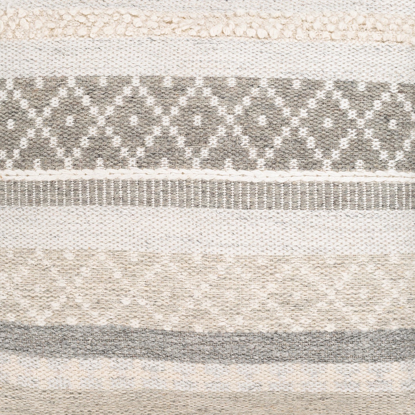 004 SR-755046 | Closeup | Lorens - 33976 by Livabliss in taupe, white, ivory, medium gray, silver gray. Made from 50% wool, 30% cotton, 20% linen, 100% polybeads, 100% cotton in a eclectic & global style.