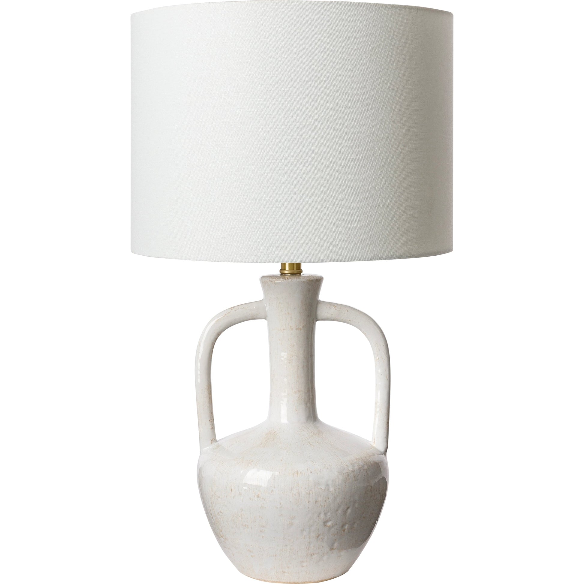 Lorraine Table Lamp - 31885 by Surya in metallic brass, white, translucent, metallic nickel and glazedpolished. Made from shade (outside): linen, shade (inside): polyester, body: ceramic, finial: metal, harp: metal in a mode
