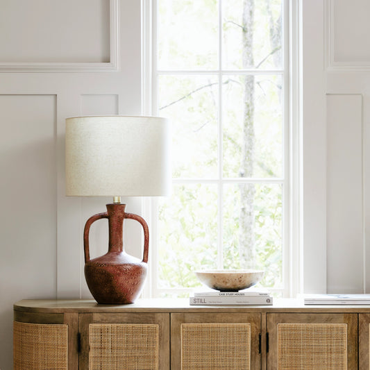 Lorraine Table Lamp - 31885 by Surya in glazedpolished. Made from shade (outside): linen, shade (inside): polyester, body: ceramic, finial: metal, harp: metal in a modern style.