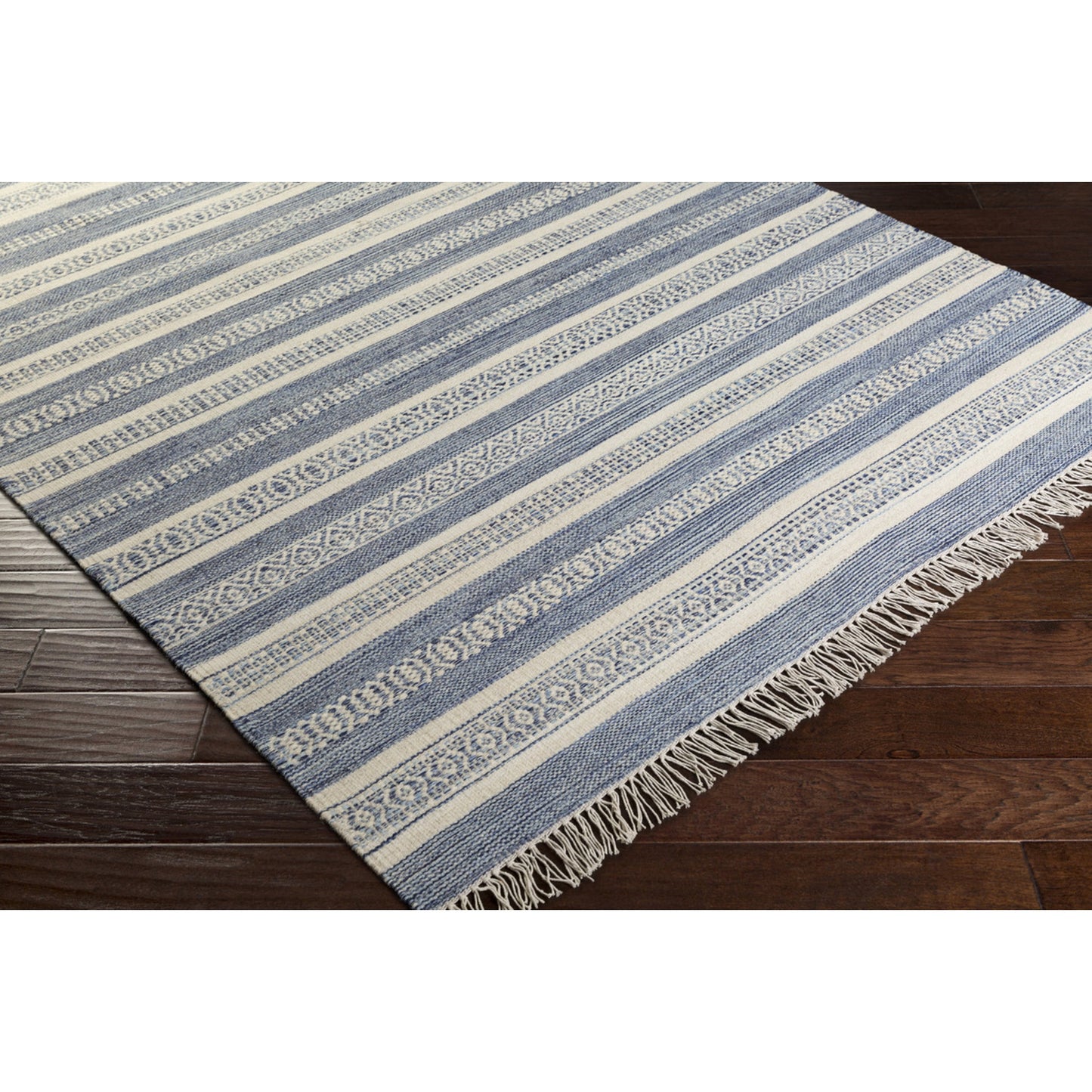 004 63577-25808,63577-25809 | Closeup | Lawry Rug - 13104 by Surya in navy, ice blue, cream. Made from wool, cotton in a unique style.