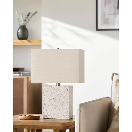 Lorzan Accent Table Lamp by Surya in white. Made from concrete, linen, plastic, iron in a eclectic & global style.