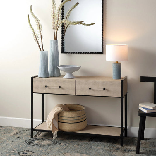 Cassius Console Table by The Livingston Collection in taupe and taupe shagreen, black metal. Made from metal: iron, mdf, pvc: faux shagreen in a unique style.