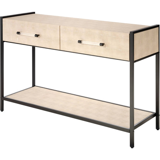 Cassius Console Table by Lifestyle by JY in taupe and taupe shagreen, black metal. Made from metal: iron, mdf, pvc: faux shagreen in a transitional style.