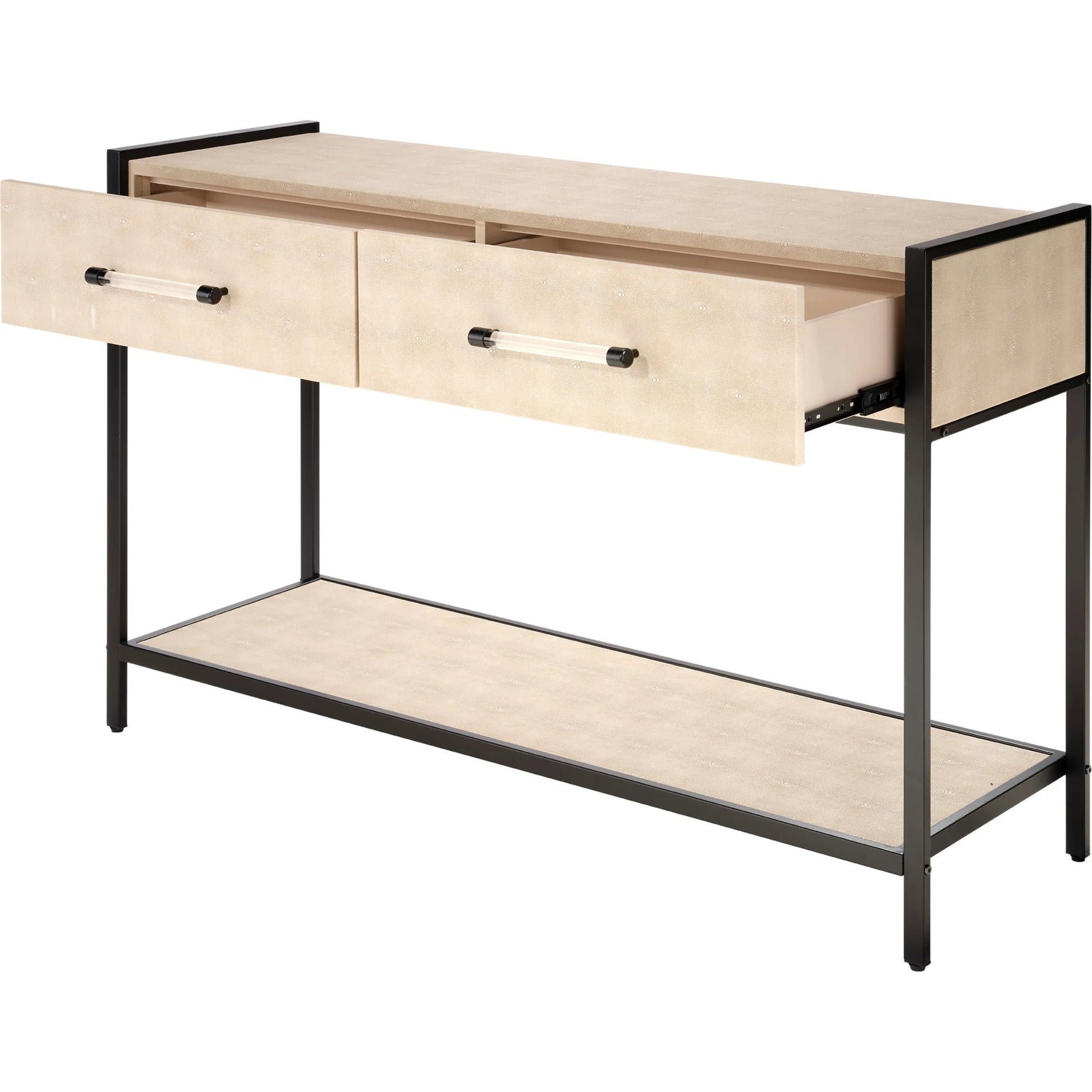 Cassius Console Table by Lifestyle by JY in taupe and taupe shagreen, black metal. Made from metal: iron, mdf, pvc: faux shagreen in a transitional style.
