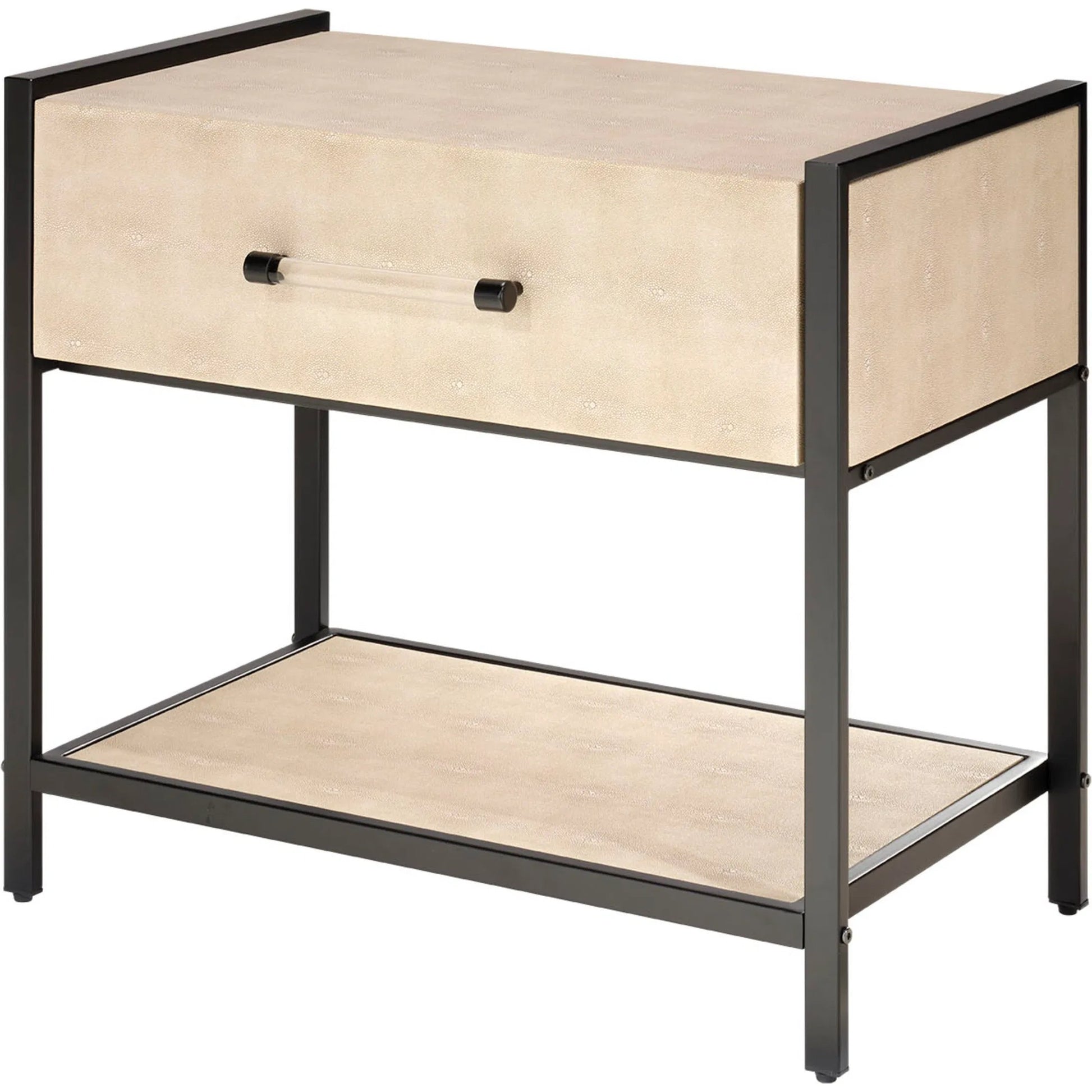Cassius Side Table by Lifestyle by JY in taupe and taupe shagreen, black metal. Made from metal: iron, mdf, pvc: faux shagreen in a transitional style.
