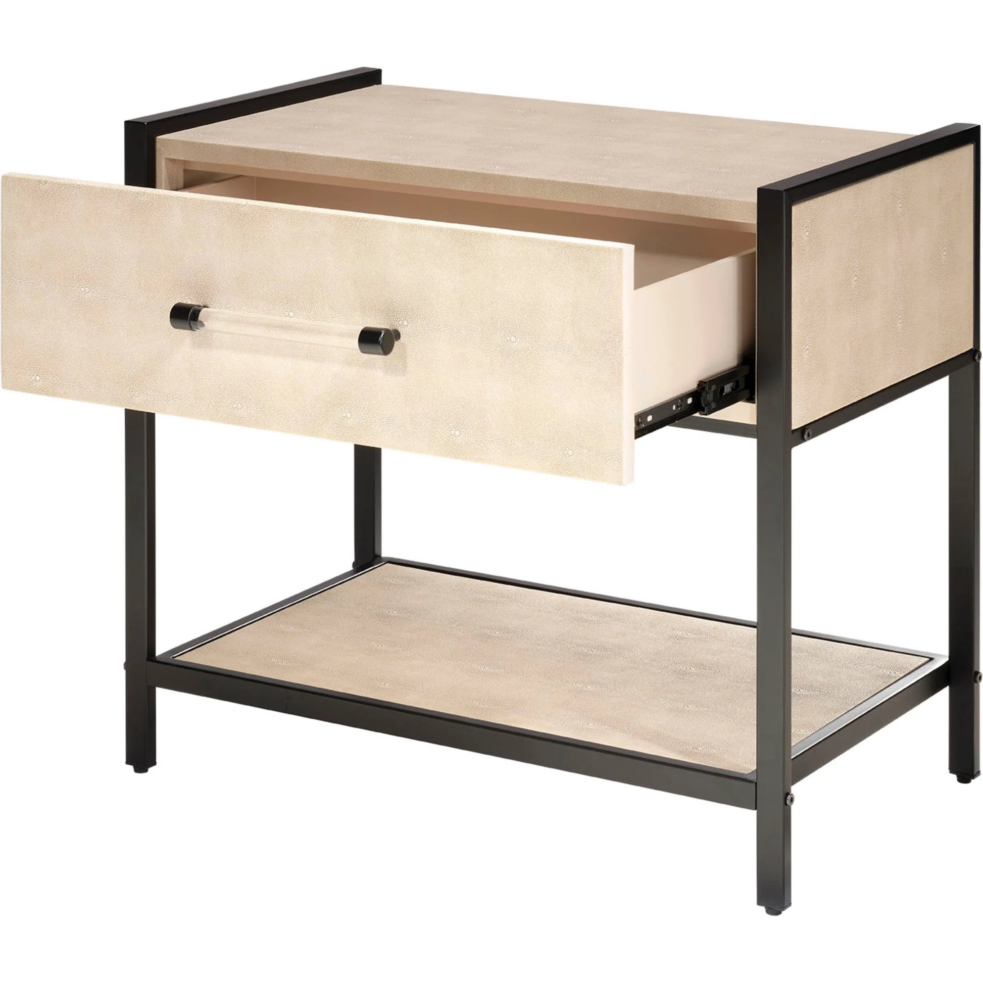 Cassius Side Table by Lifestyle by JY in taupe and taupe shagreen, black metal. Made from metal: iron, mdf, pvc: faux shagreen in a transitional style.