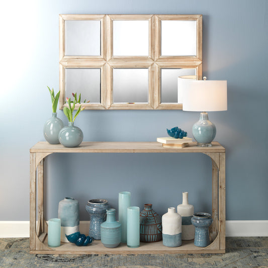 Everett Openwork Console Table by The Livingston Collection in grey washed. Made from mdf in a modern style.