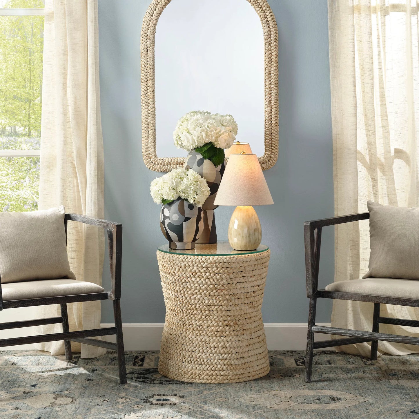003 SI-2320372 | Lifestyle | Grain Side Table by Jamie Young in natural and natural cornhusk. Made from corn husk, plywood, tempered glass in a rustic style.