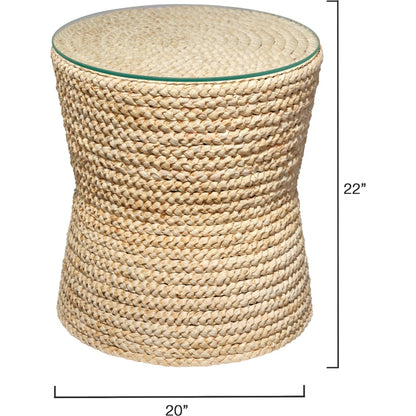 Grain Side Table by Jamie Young in natural and natural cornhusk. Made from corn husk, plywood, tempered glass in a rustic style.
