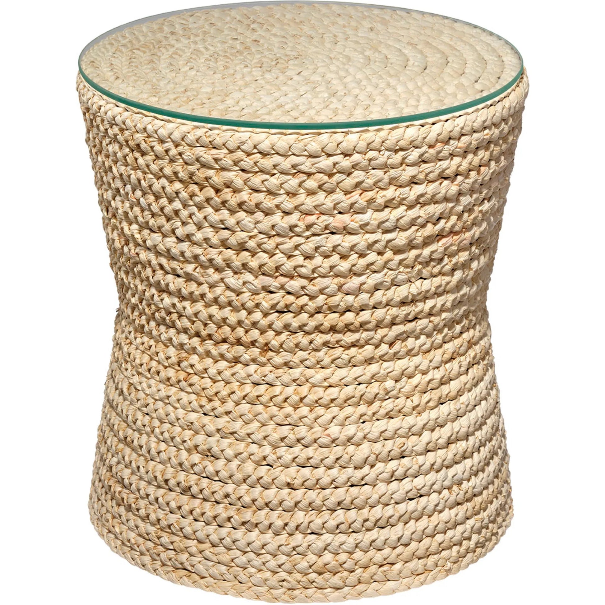 Grain Side Table by Jamie Young in natural and natural cornhusk. Made from corn husk, plywood, tempered glass in a rustic style.