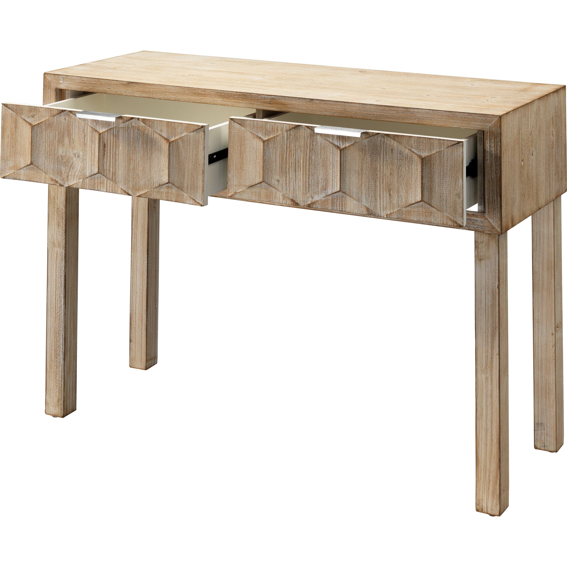 Juniper Two Drawer Console by Jamie Young in gray washed wood. Made from wood in a coastal style.