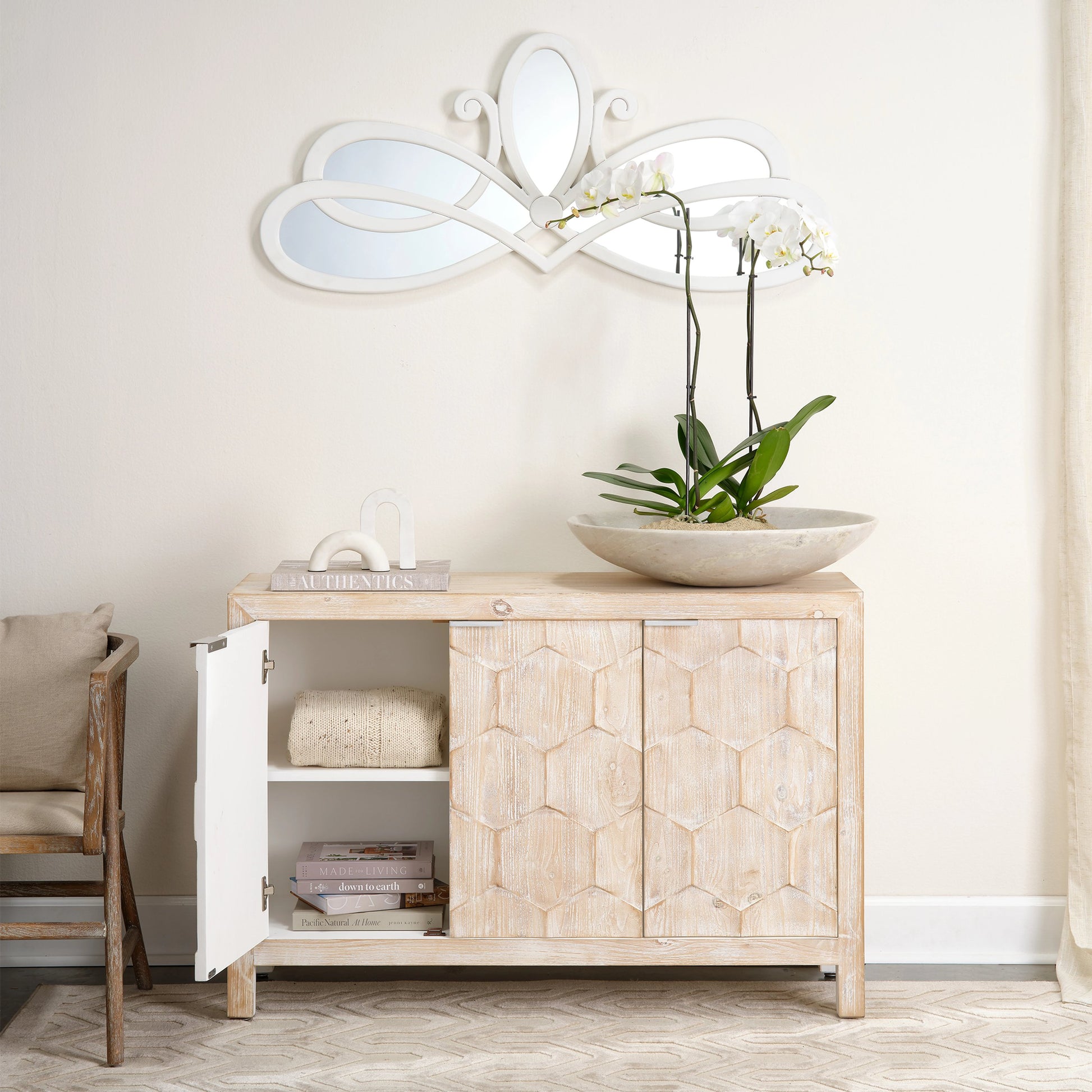 Juniper Three Door Cabinet by The Livingston Collection in gray washed wood. Made from wood in a coastal style.