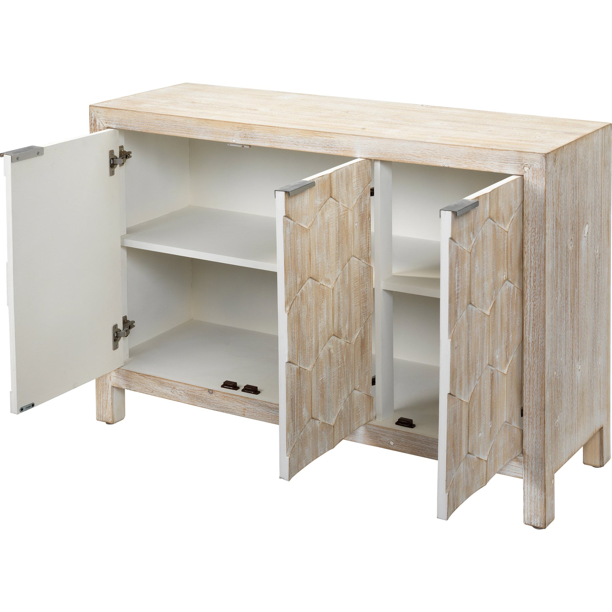Juniper Three Door Cabinet by The Livingston Collection in gray washed wood. Made from wood in a coastal style.