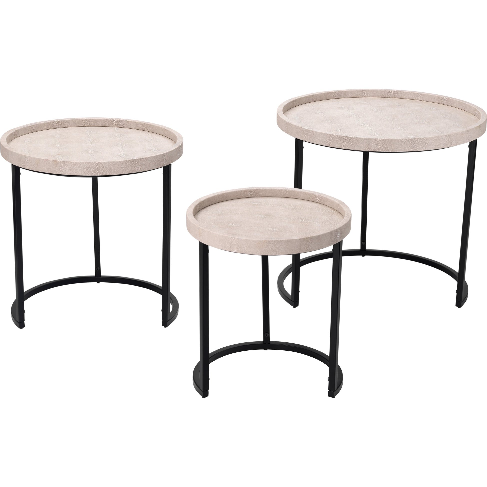 Maddox Side Tables by Lifestyle by JY in ivory faux shagreen, black metal. Made from faux shagreen in a modern style.