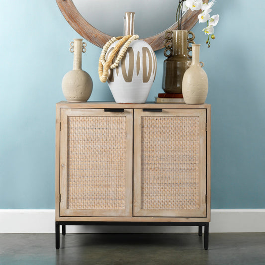 Reed  Accent Cabinet by The Livingston Collection in washed wood, black metal. Made from mdf with natural fir veneer, rattan weaving panel, iron in a modern style.