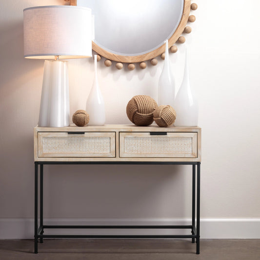 Reed Console Table by The Livingston Collection in washed wood, black metal. Made from mdf with natural fir veneer, rattan weaving panel, iron in a modern style.