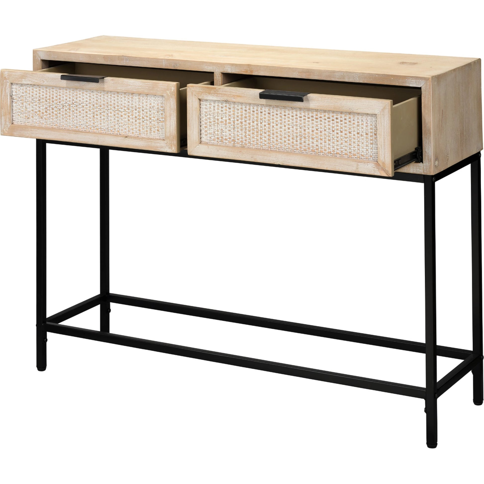 Reed Console Table by Lifestyle by JY in washed wood, black metal. Made from mdf with natural fir veneer, rattan weaving panel, iron in a modern style.