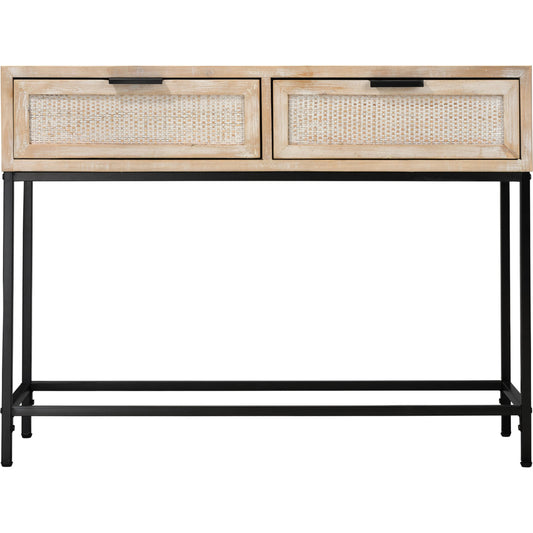 Reed Console Table by The Livingston Collection in washed wood, black metal. Made from mdf with natural fir veneer, rattan weaving panel, iron in a modern style.
