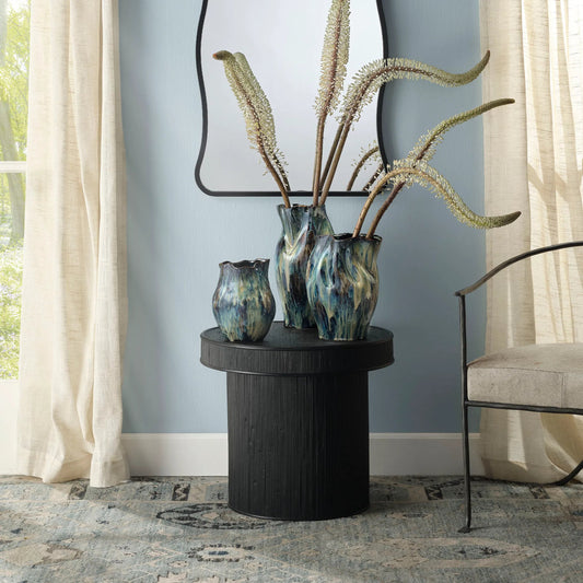 Taylor Side Table by The Livingston Collection. Made from bamboo. plywood in a unique style.