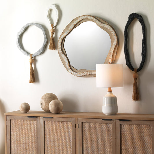 River Organic Mirror by The Livingston Collection in beige, cream rattan, wood. Made from wood in a eclectic & global style.