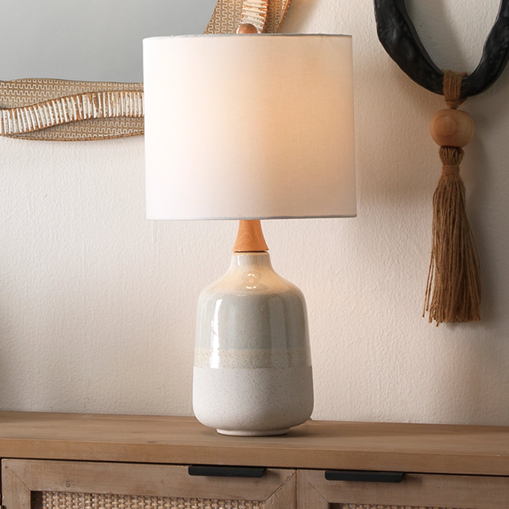 Alice Table Lamp by The Livingston Collection in cream, light blue. Made from ceramic, rubber wood in a transitional style.