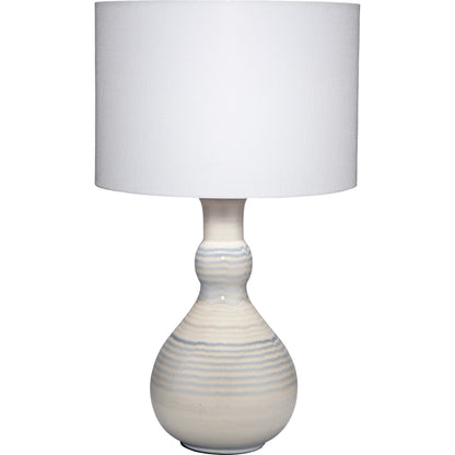 Droplet Striped Blue Table Lamp by Jamie Young in blue, white glaze. Made from ceramic in a coastal style.