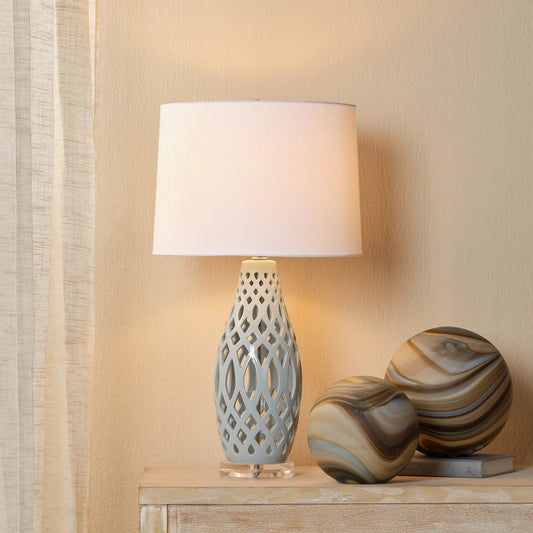Filigree Table Lamp by The Livingston Collection in pale blue. Made from ceramic in a coastal style.
