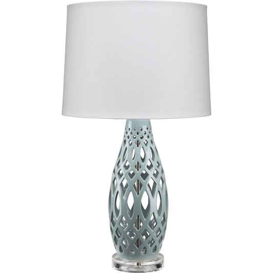 Filigree Table Lamp by The Livingston Collection in pale blue. Made from ceramic in a coastal style.