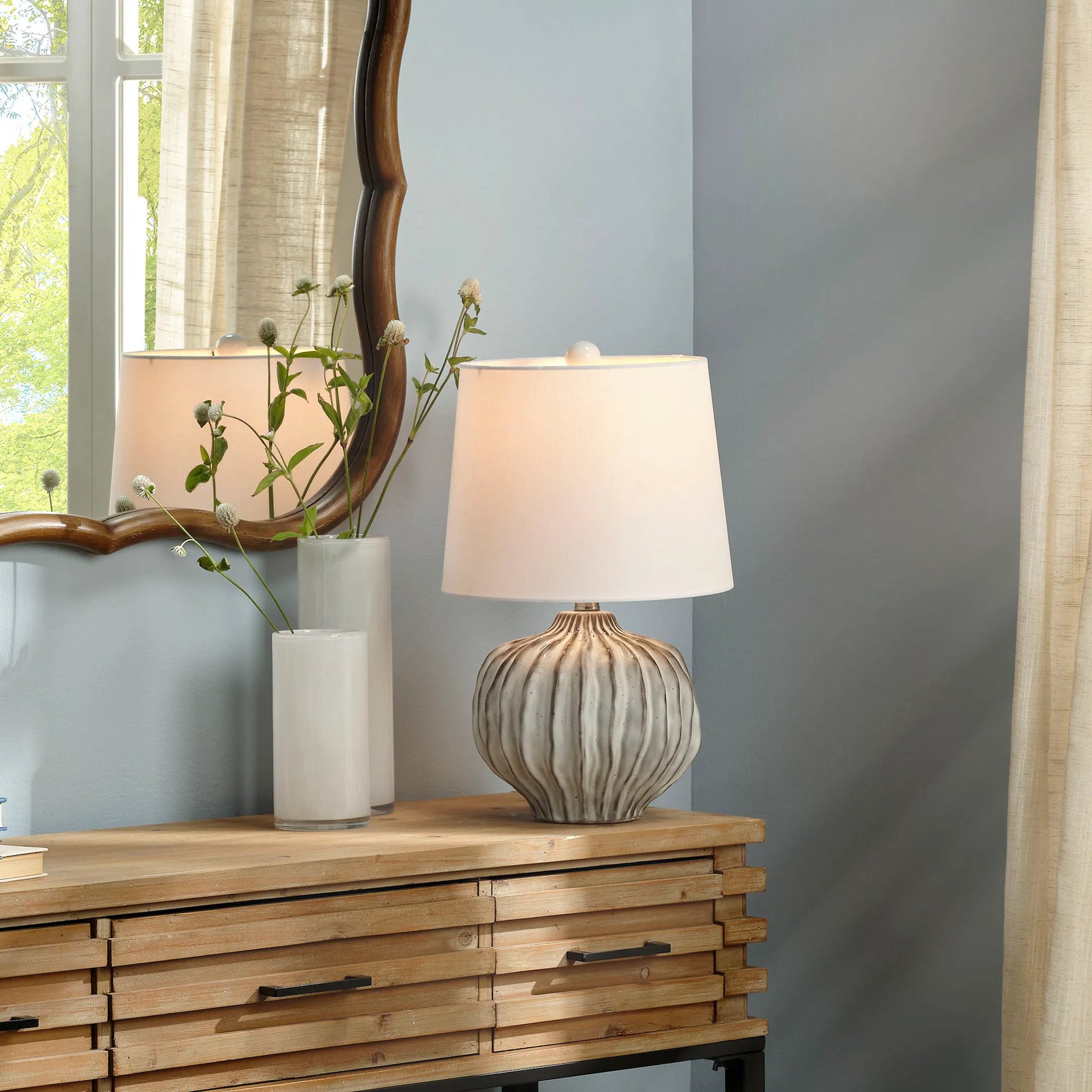 Reef Table Lamp by Jamie Young in grey and reactive grey glaze. Made from ceramic in a modern style.