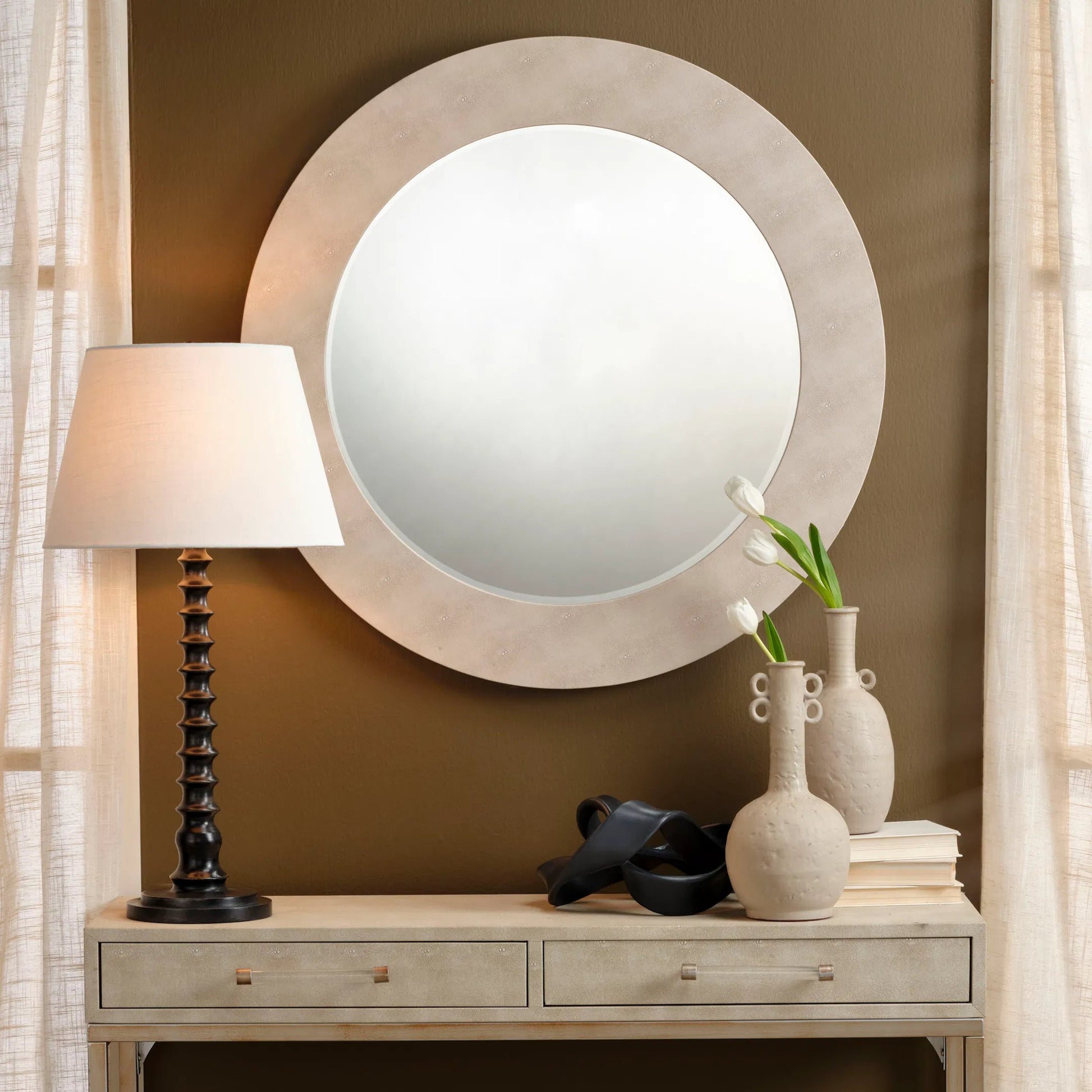 Revolution Table Lamp by Jamie Young. Made from mango wood in a traditional style.