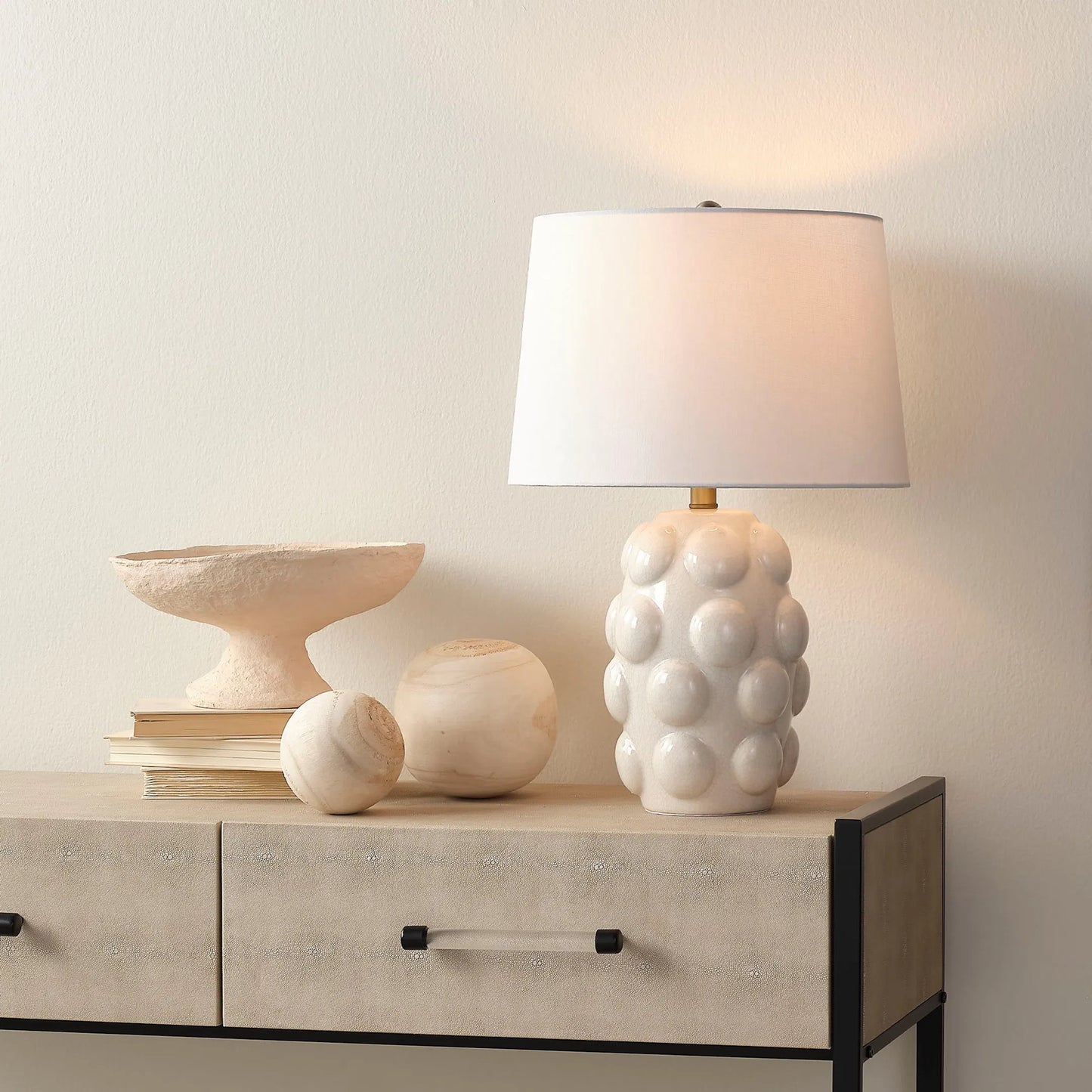 003 SI-2320409 | Lifestyle | Silas Table Lamp by The Livingston Collection in cream and crackled cream glaze. Made from ceramic in a unique style.