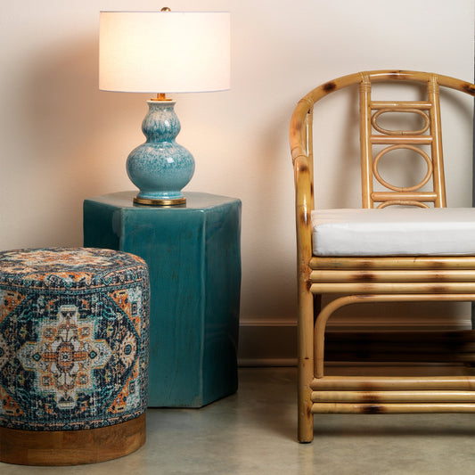 Whitney Table Lamp by The Livingston Collection in blue reactive glaze ceramic w/ gold leaf metal. Made from blue reactive glaze ceramic, gold leaf metal in a traditional style.