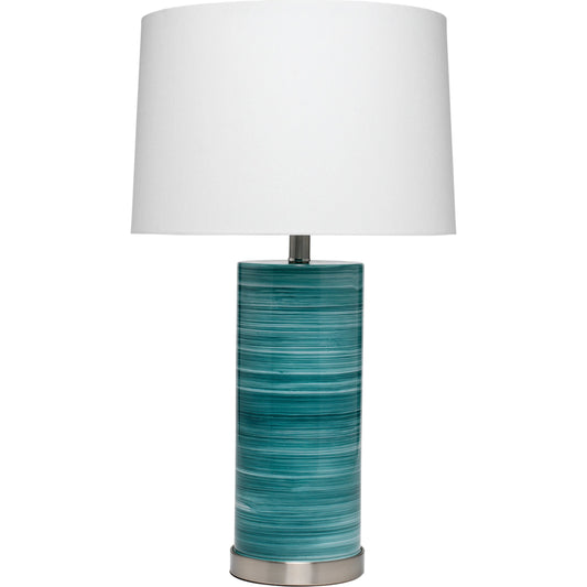 Casey Table Lamp by The Livingston Collection in turquoise, white swirl glass. Made from hand painted glass, linen in a coastal style.