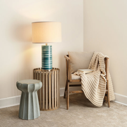 Casey Table Lamp by The Livingston Collection in turquoise, white swirl glass. Made from hand painted glass, linen in a coastal style.