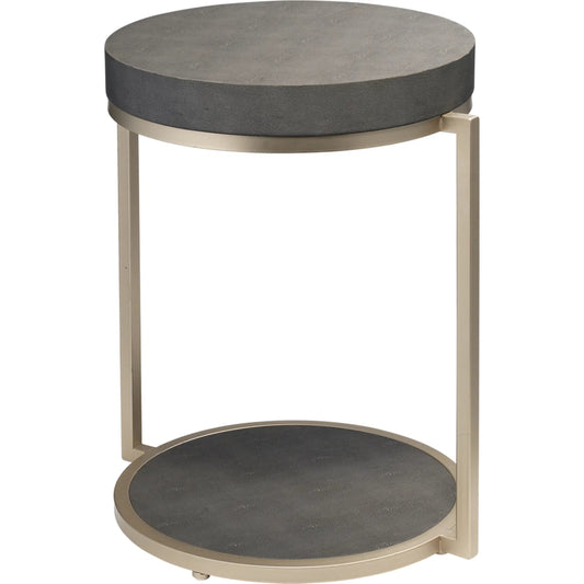 Chester Round Side Table by The Livingston Collection in gray faux shagreen, nickel metal. Made from faux shagreen, metal in a transitional style.