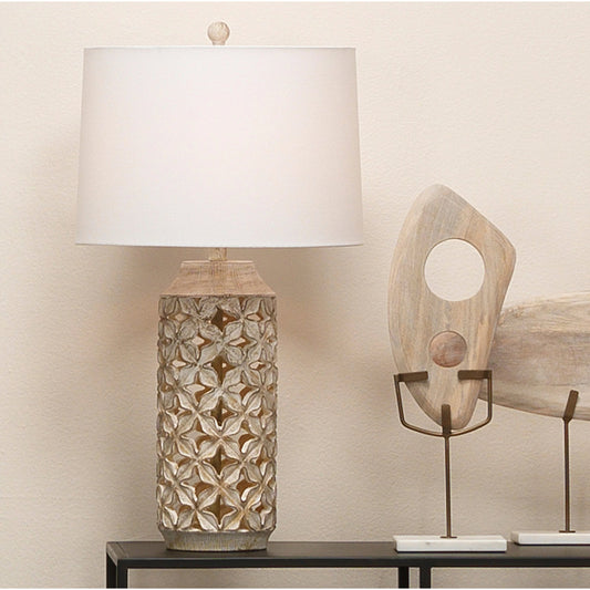 Flora Table Lamp by The Livingston Collection in white washed resin. Made from resin, linen in a transitional style.