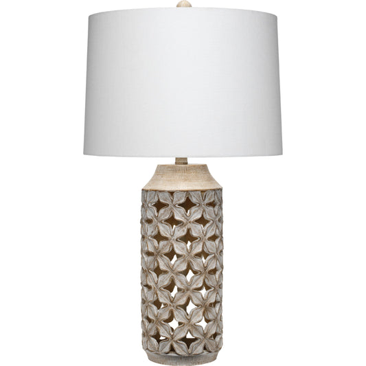 Flora Table Lamp by The Livingston Collection in white washed resin. Made from resin, linen in a transitional style.