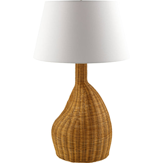 Lesi - 531337 by Surya in body: brown, shade: white, finial: metallic - brass, harp: metallic - brass, cord: translucent and natural, electroplated. Made from body: rattan, shade (outside): linen, shade (inside): metal, fini