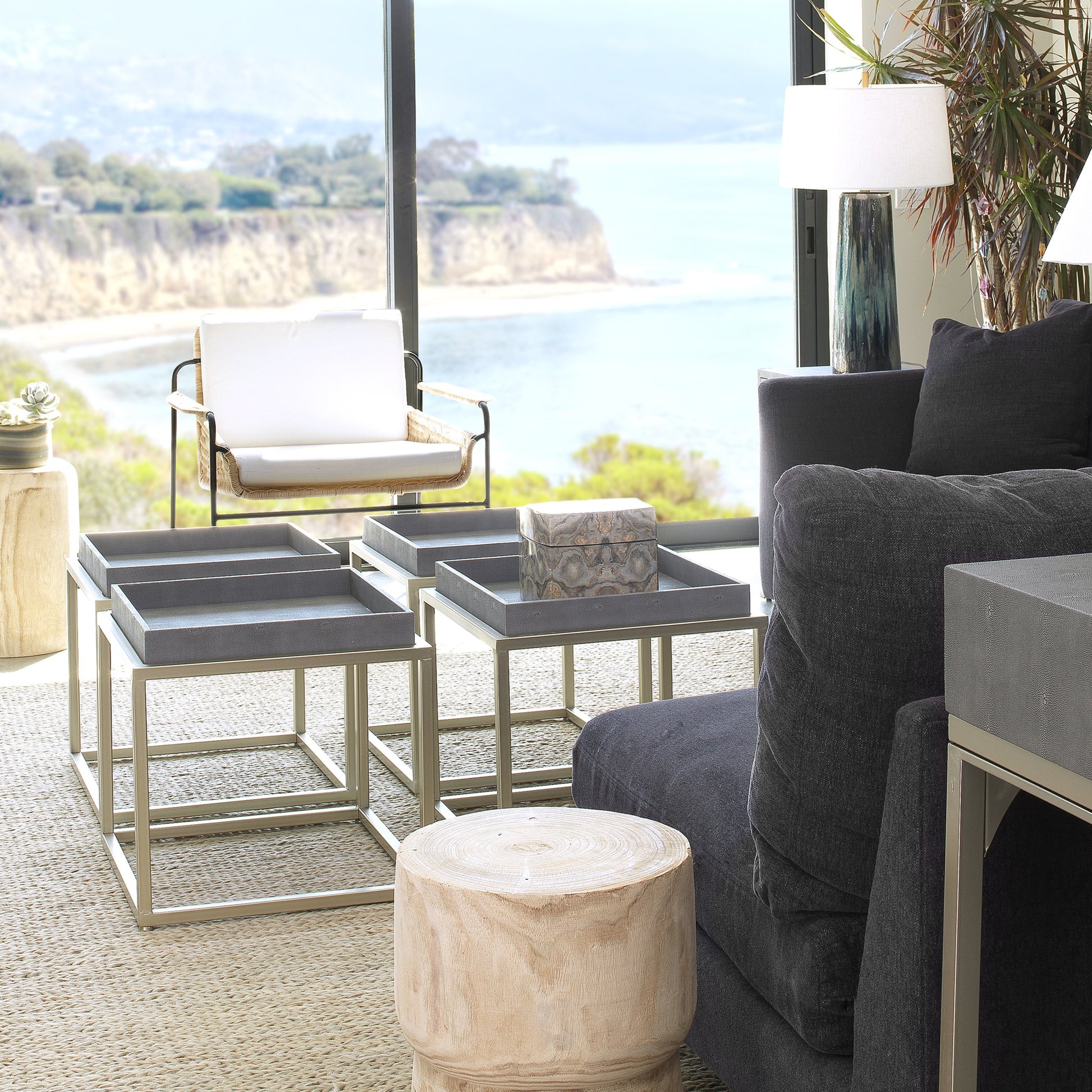 Jax Square Side Table by Jamie Young in ivory faux shagreen, antique brass metal. Made from faux shagreen, metal in a transitional style.