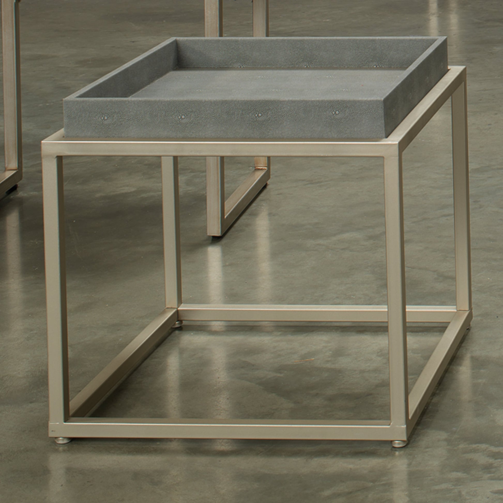 Jax Square Side Table by Jamie Young in ivory faux shagreen, antique brass metal. Made from faux shagreen, metal in a transitional style.
