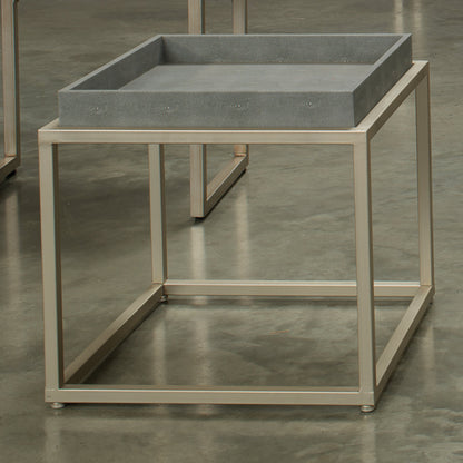 Jax Square Side Table by Jamie Young in ivory faux shagreen, antique brass metal. Made from faux shagreen, metal in a transitional style.
