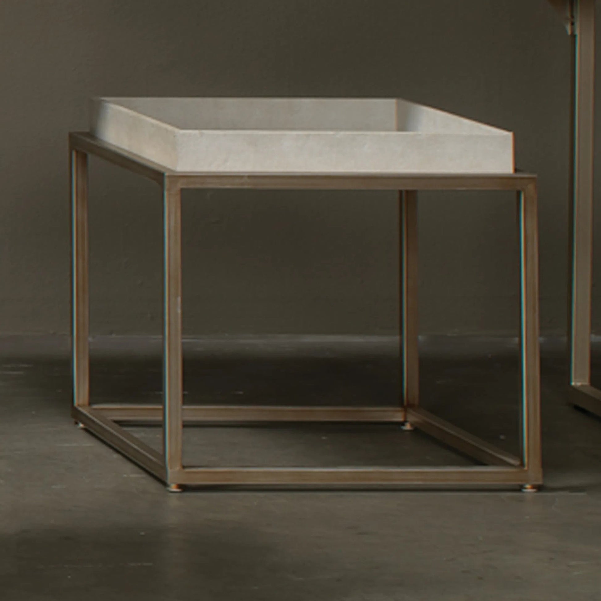 Jax Square Side Table by The Livingston Collection in ivory faux shagreen, antique brass metal. Made from faux shagreen, metal in a transitional style.
