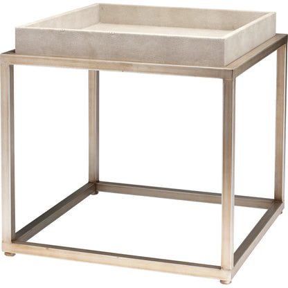 Jax Square Side Table by The Livingston Collection in ivory faux shagreen, antique brass metal. Made from faux shagreen, metal in a transitional style.