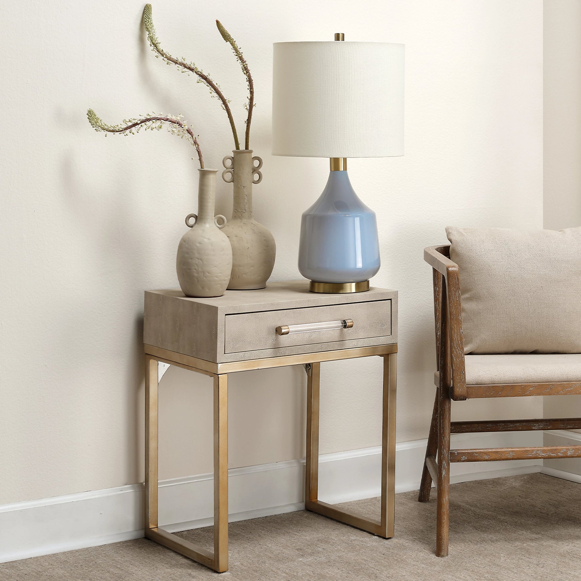 Kain Side Table by Lifestyle by JY in cream. Made from iron, faux patterned leather in a transitional style.